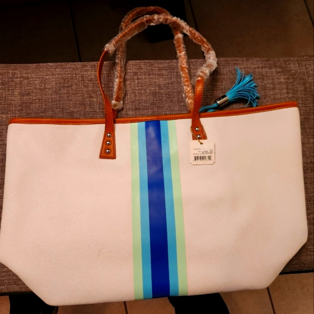 Cinda B Large White Tote Bag with Blue Stripes.  Great for Summer.